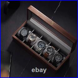 5/10 Slots Watch Display Case Walnut Wood Glass Top Jewelry Box Collector Men