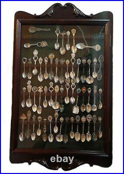 50pc Vintage Souvenir Spoon Collection in Wood Display Case withglass door