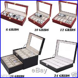 6/10/12/20/24 Wood Watch Display Case Glass Top Jewelry Storage Organizer Gifts