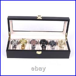 6 Slot Watch Organizer Storage Case Wood Luxury Glass Top Wristwatch Box US