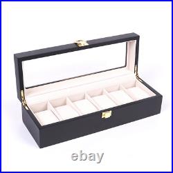 6 Slot Watch Organizer Storage Case Wood Luxury Glass Top Wristwatch Box US