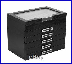 60 Piece Black Ebony Wood Six Level Pen Display Case Black Handle Glass Window