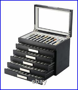 60 Piece Black Ebony Wood Six Level Pen Display Case with Glass Window