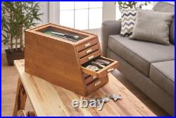 7-Drawer Collectibles Organizer Cabinet Solid Wood Coin Watches Case Glass Top