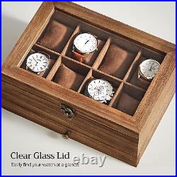 8 Slot Solid Wood Watch Box, Watch Case with Pillows, Glass Lid, for Men, Rustic