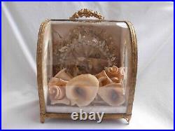 ANTIQUE FRENCH WEDDING SOUVENIR WITH CURVED GLASS DISPLAY CASE, 19th CENTURY