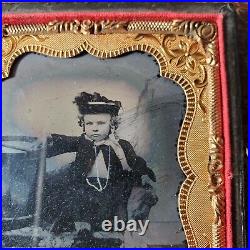 Antique 1860s 6th Plate Ambrotype Photo of Young Boy with Drum in Wood Case