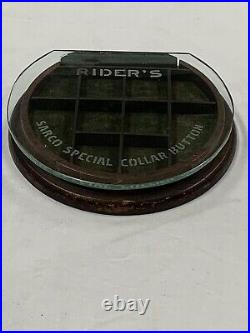 Antique Advertising Display Case Wood Glass RIDER'S Sarco Special Collar Button
