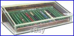 Antique Carter's products pen glass display case with wood drawer in back