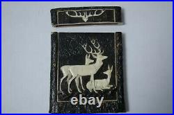 Antique Carved Wood Card Case Box Cigarette Glasses Case Set Deer