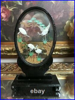 Antique Chinese Wood Carved Cork & Paper Artwork Diorama Glass Case Cranes