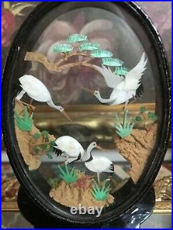 Antique Chinese Wood Carved Cork & Paper Artwork Diorama Glass Case Cranes