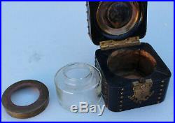 Antique Ebony Wood & Glass Fountain Pen Ink Inkwell Case Engraved Rivets Vintage