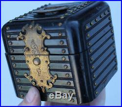 Antique Ebony Wood & Glass Fountain Pen Ink Inkwell Case Engraved Rivets Vintage