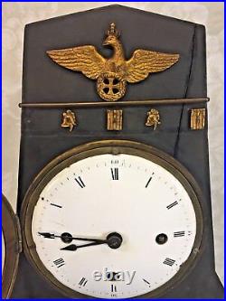 Antique German Mantel Clock Enameled Dial Wood Case Crowned Eagle Trim
