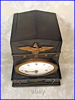 Antique German Mantel Clock Enameled Dial Wood Case Crowned Eagle Trim