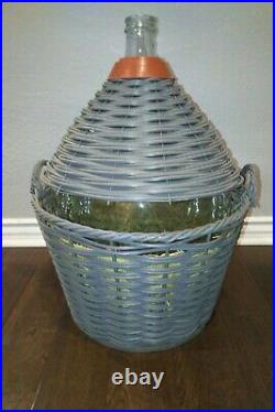 Antique Glass 5 6 7 Gallon Water Jug Carboy In basket cover case Vintage Rare