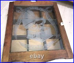 Antique Glass Front Display Case Cabinet WithEtched Glass Phonograph & Music Notes