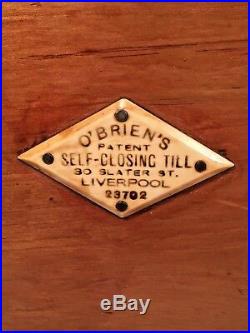 Antique O'Briens Self Closing Till Wood Glass and Brass Case Liverpool England