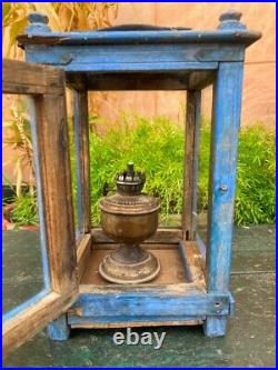 Antique Old Wooden Hand Crafted Blue Rustic Glass Kerosene Lamp Box Case