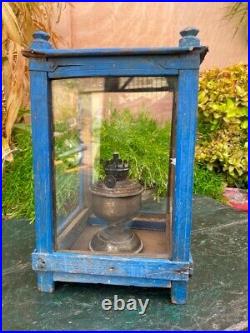 Antique Old Wooden Hand Crafted Blue Rustic Glass Kerosene Lamp Box Case