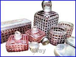 Antique Perfume Set Ruby Cut Glass Vanity Silver Lid Wood Case 8 pc