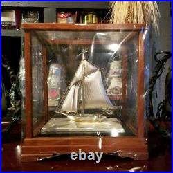 Antique Silver Silverwork Sailboat Yacht Wood Frame Glass Case