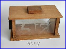 Antique Vintage Art Deco Cigarette Cigars box case Hunting engraved glass wood