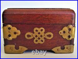 Antique Vintage Asian Chinese Wood Brass Jewelry Case Box Glass Tile Rural Scene