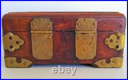 Antique Vintage Asian Chinese Wood Brass Jewelry Case Box Glass Tile Rural Scene