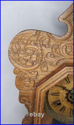 Antique Waterbury Gingerbread Mantel Clock Victorian American Oak Wood Case