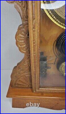 Antique Waterbury Gingerbread Mantel Clock Victorian American Oak Wood Case