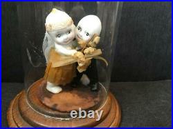 Antique Wedding Couple Kewpie Dolls On Stand In Glass & Wood Case Rose ONeill