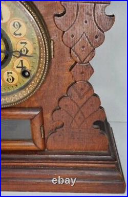 Antique Welch Gingerbread Alarm Kitchen Clock Victorian Walnut Wood Mantel Case