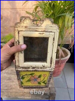 Antique Wood Hand Crafted Glass Painting Wall Hanging Alarm Clock Case Box Rare