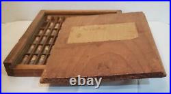 Antique Wood Sliding Cover Watchmaker Storage Box withParts in Glass Vials