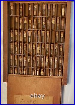 Antique Wood Sliding Cover Watchmaker Storage Box withParts in Glass Vials