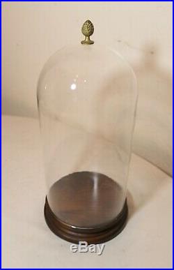 Antique glass wood base cloche dome bell jar statue display case bronze finial