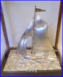 Art SILVER SAILBOAT DIORAMA Sculpture Sea scape Glass Wood Display Case Vitrine