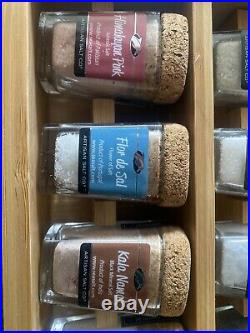 Artisan Sea Salt Sampler Box 24 Glass Bottles Slotted Display Case Wood