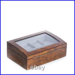 BEY-BERK Jewelry Box 8-Watch Case Glass See-Thru Top Lacquered Brown Burl Wood