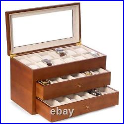 BEY-BERK Watch Box Glass Top 2-Drawers 36-Watches Wood Lining Pillows