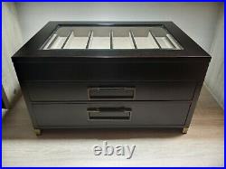 BOMBAY COMPANY 6 Slot Display Case Lacquer Wood Box withGlass Hinged Top+2 Drawers