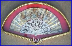 Beautiful 1800s Hand Painted Fan Gold Gilding in Wood/Glass Case