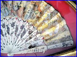 Beautiful 1800s Hand Painted Fan Gold Gilding in Wood/Glass Case