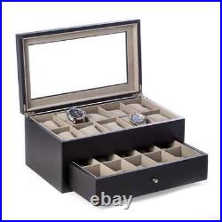 Bey-Berk Watch Box 20-Compartment+Glass See-Thru Top+Soft Velour Lined Black