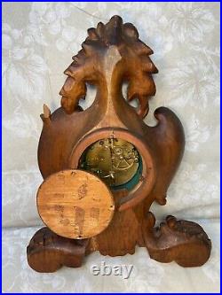 Black Forest Wall Clock Wood Case with Scrolls, Flowers, Shells & Wing Carvings