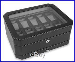 Black Leather Watch Lock Box Display Case, 10 Section Storage Holder Organizer