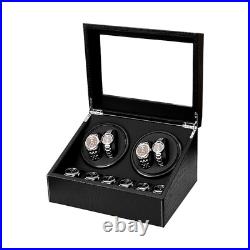 Black Leather Watch Winder Silent Display Case Movement For 4+ Wristwatch Glass