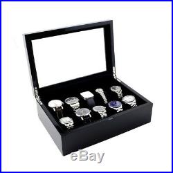 Black Piano Finish Wood Watch Case Box With Glass Top LID Holds 10 Watches